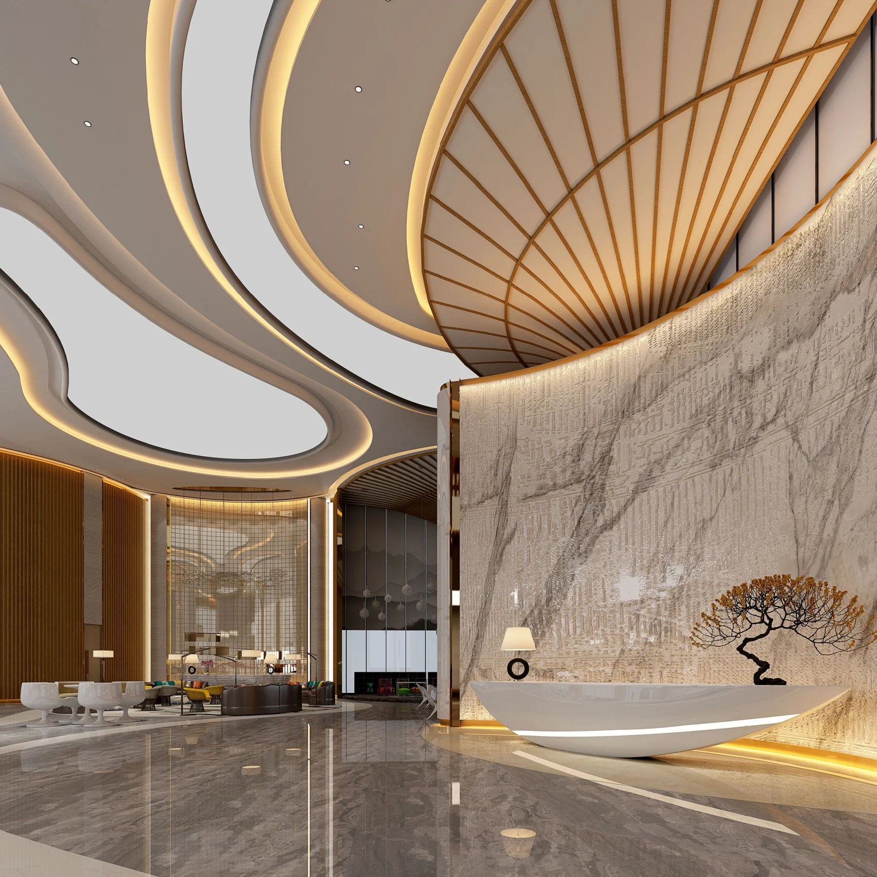 Fancy high end hotel lobby with very elegant designs which are very unique
