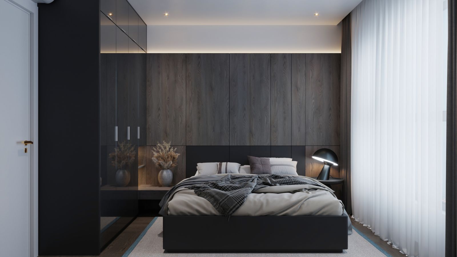 Where should the bed be placed in a guest room?